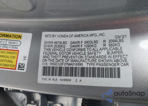 2021 Honda Accord Sport 2.0T z USA, uszkodzony, nr VIN 1HGCV2F37MA016595